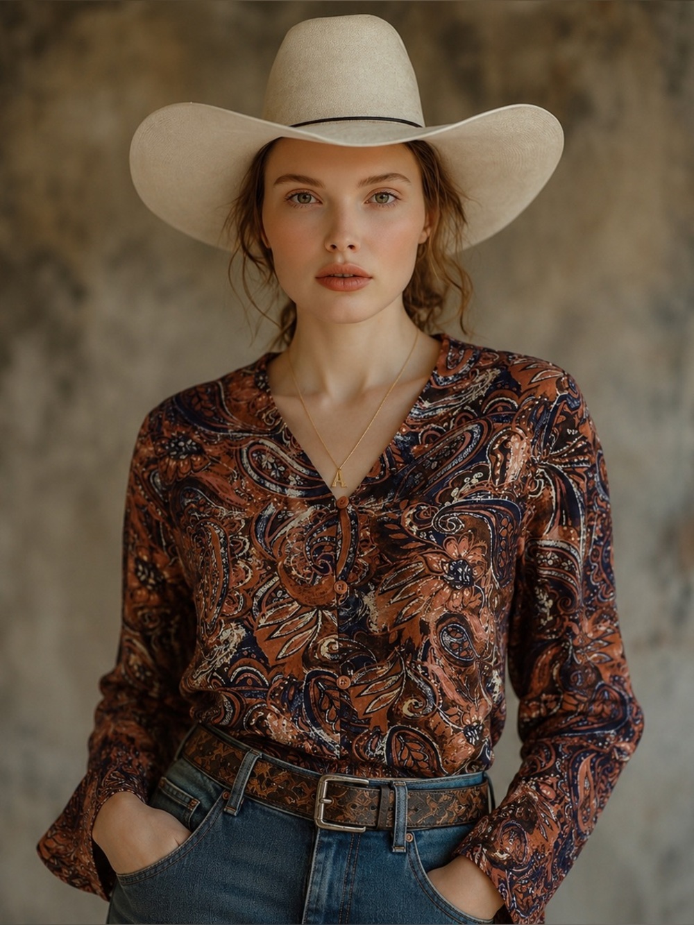 Denim & Co Caramel Brown Denim Blue Paisley Blouse, Size S